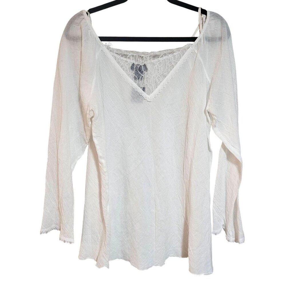 Venizia Jeans White Long Sleeve Lace Trim Blouse Womens Size 14/16 100% Cotton